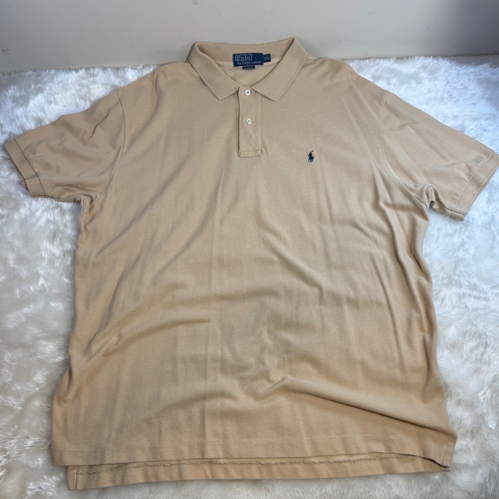 Polo Ralph Lauren Mens XXL Tan Beige Pique Cotton Short Sleeve Polo Shirt Pony‎